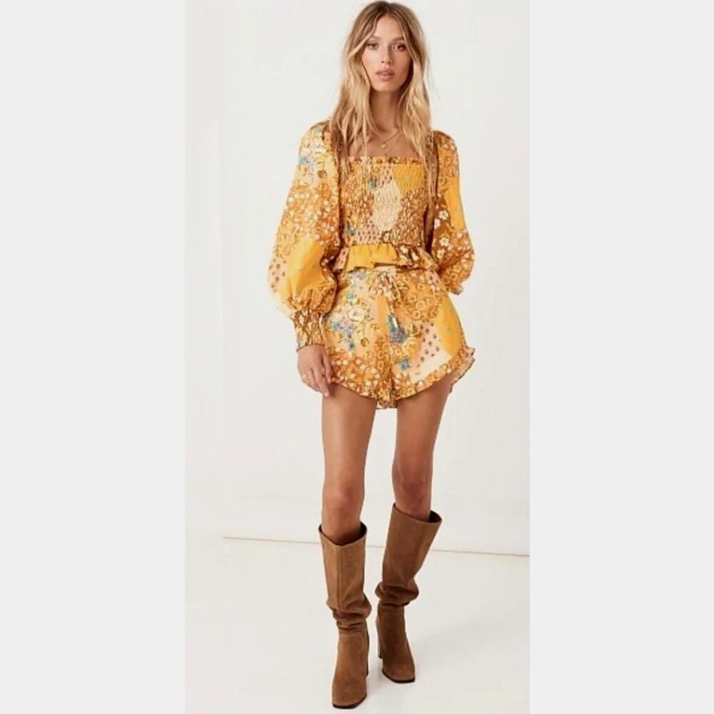 Spell & The Gypsy Freda Shirred Blouse Amber Patchwork Crop Top S